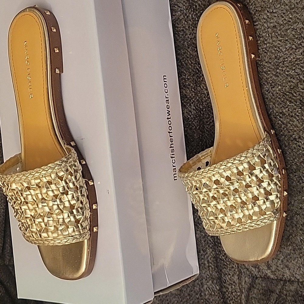 Marc Fisher gold weave slide on sandal